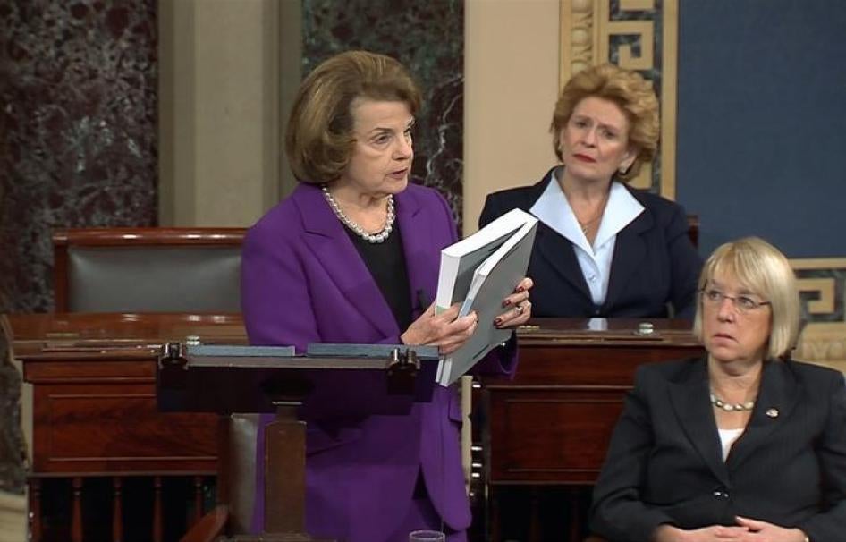 Senate Intelligence Committee Chairwoman Dianne Feinstein (D-CA) (L) discusses a newly released Intelligence Committee report on the CIA's anti-terrorism tactics.