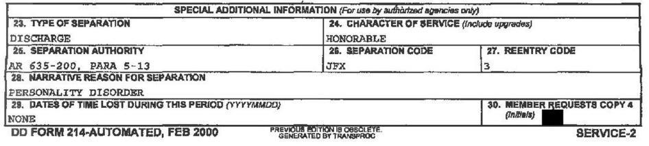 DD-214 (discharge papers) for a soldier with an honorable discharge for Personality Disorder. The form must be shown to prove veteran status.