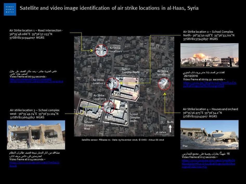 Images satellite et images de vidéos montrant 4 frappes aériennes menées contre le complexe scolaire à Haas (Syrie) le 26 octobre 2016 : Frappe 1 contre un carrefour à proximité – Frappe 2 (complexe scolaire, côté nord) – Frappe 3 (complexe scolaire, côté