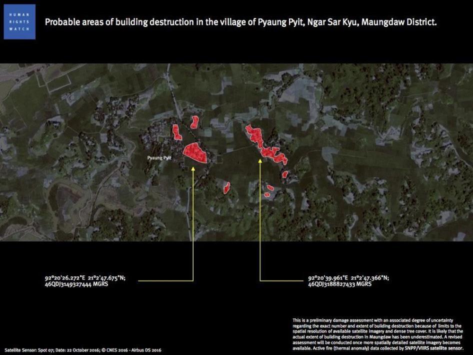 Probable areas of building destruction in the village of Pyaung Pyit, Ngar Sar Kyu, Maungdaw District.