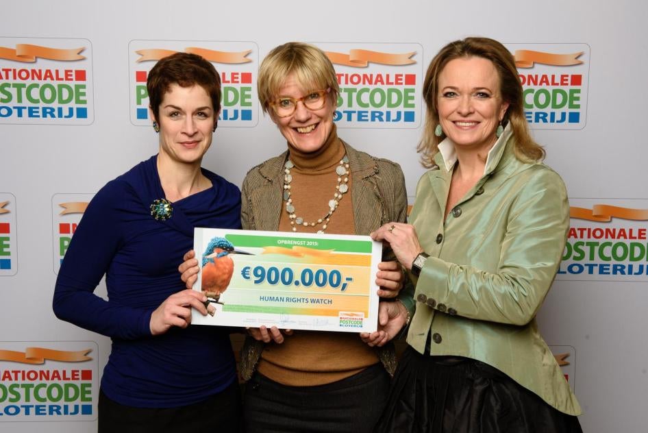 The Dutch Postcode Lottery’s Managing Director Imme Rog with Human Rights Watch’s Netherlands Associate Director Tammy Parrish and deputy executive director for external relations Carroll Bogert.