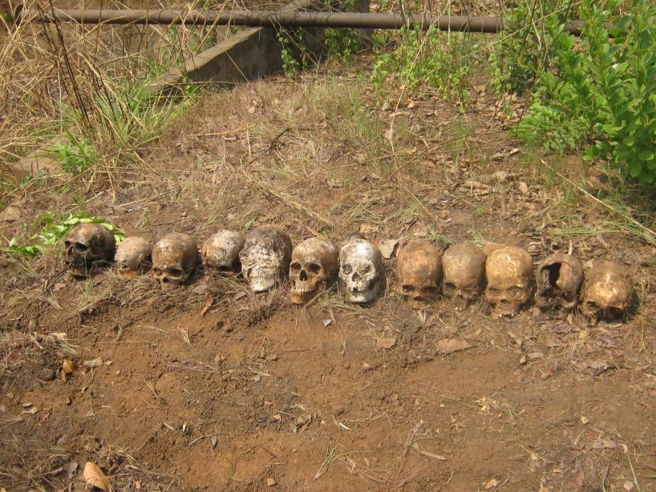 Twelve skulls discovered in a mass grave in February 2016 near a peacekeeping base in Boali, Central African Republic. The victims are believed to be individuals who were summarily executed by Republic of Congo peacekeepers on March 24, 2014.