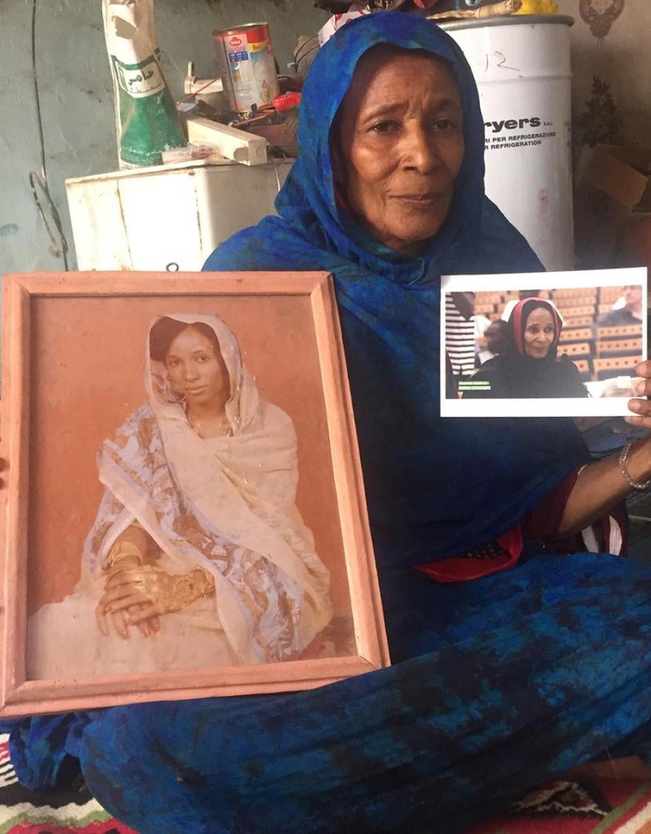 Khadidja Hassan Zidane holds a picture of herself before her arrest and another while she was testifying at the trial of Hissène Habré in N’Djaména, Chad. 