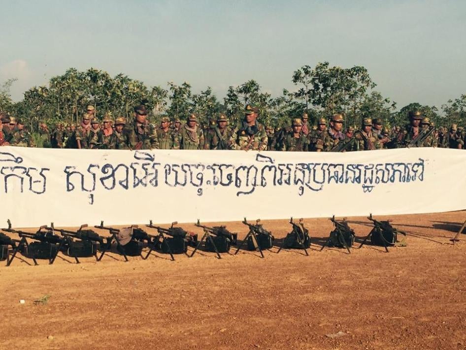 RCAF soldiers demonstrating with Banner “Hey, Kem Sokha, Step Down and Get Out as National Assembly Vice Chairperson”. Source: human rights monitors’ collection from social media.