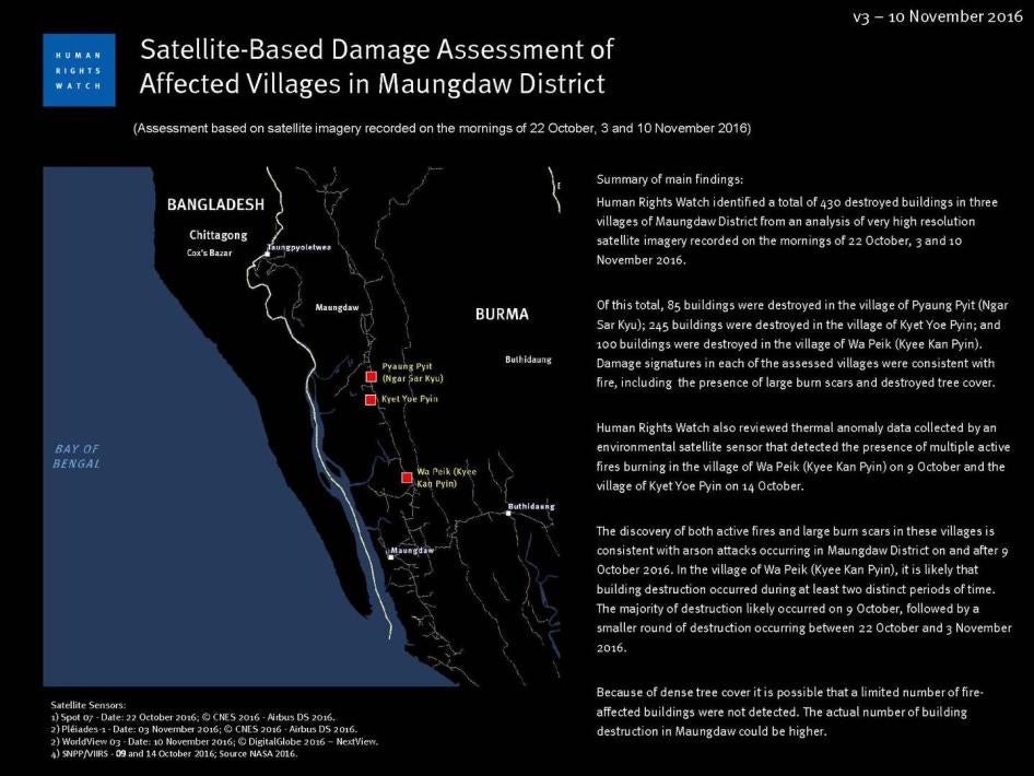 Human Rights Watch identified a total of 430 destroyed buildings in three villages of Maungdaw District from an analysis of very high resolution satellite imagery recorded on the mornings of October 22, November 3, and November 10, 2016. 
