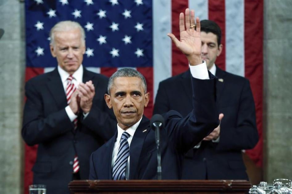 U.S. President Barack Obama waves at the conclusion of his final State of the Union address to a joint session of Congress in Washington January 12, 2016.