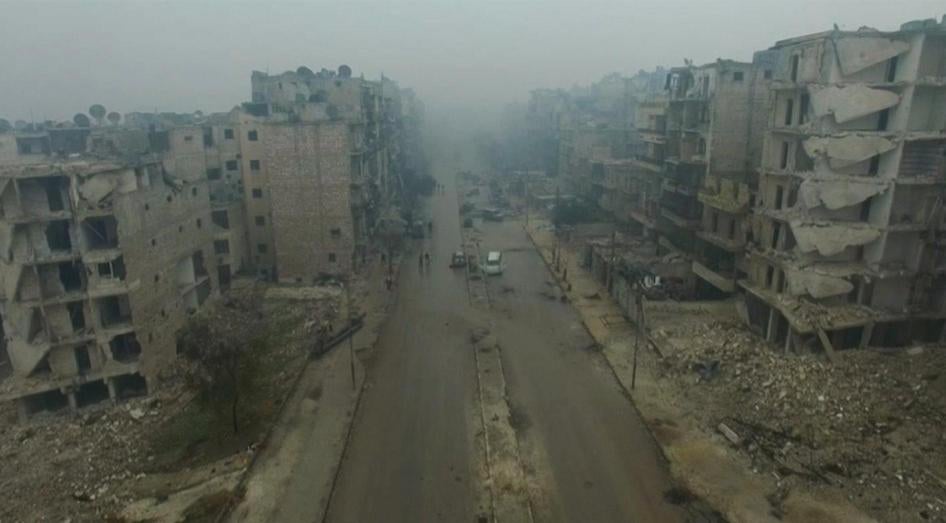 A still image from a video of bomb damaged eastern Aleppo, Syria. Video released on December 13, 2016.
