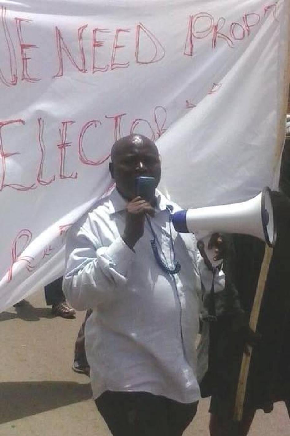 Opposition activist Solo Sandeng at an April 14, 2016 protest for electoral reform in Serrekunda, a suburb of Banjul. Gambian police officers broke up the protest and arrested Sandeng, who was subsequently beaten to death in state custody.
