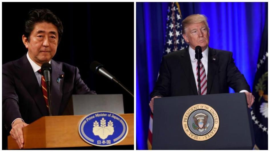 Left: Japan's Prime Minister Shinzo Abe speaks at a news conference in Hanoi, Vietnam January 16, 2017; Right: U.S. President Donald Trump speaks during the 2017 "Congress of Tomorrow" Joint Republican Issues Conference in Philadelphia, Pennsylvania, U.S.