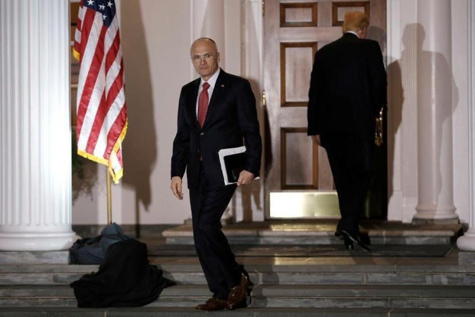 Andy Puzder, CEO of CKE Restaurants, departs after meeting with U.S. President-elect Donald Trump at the main clubhouse at Trump National Golf Club in Bedminster, New Jersey, U.S., November 19, 2016.
