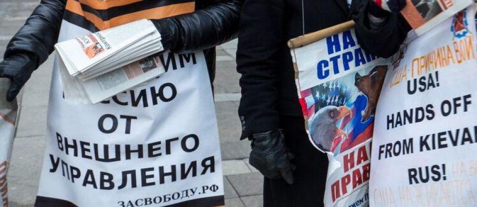  Signs of pro-Kremlin nationalist groups at a demonstration in St. Petersburg, Russia, December 11, 2016. 