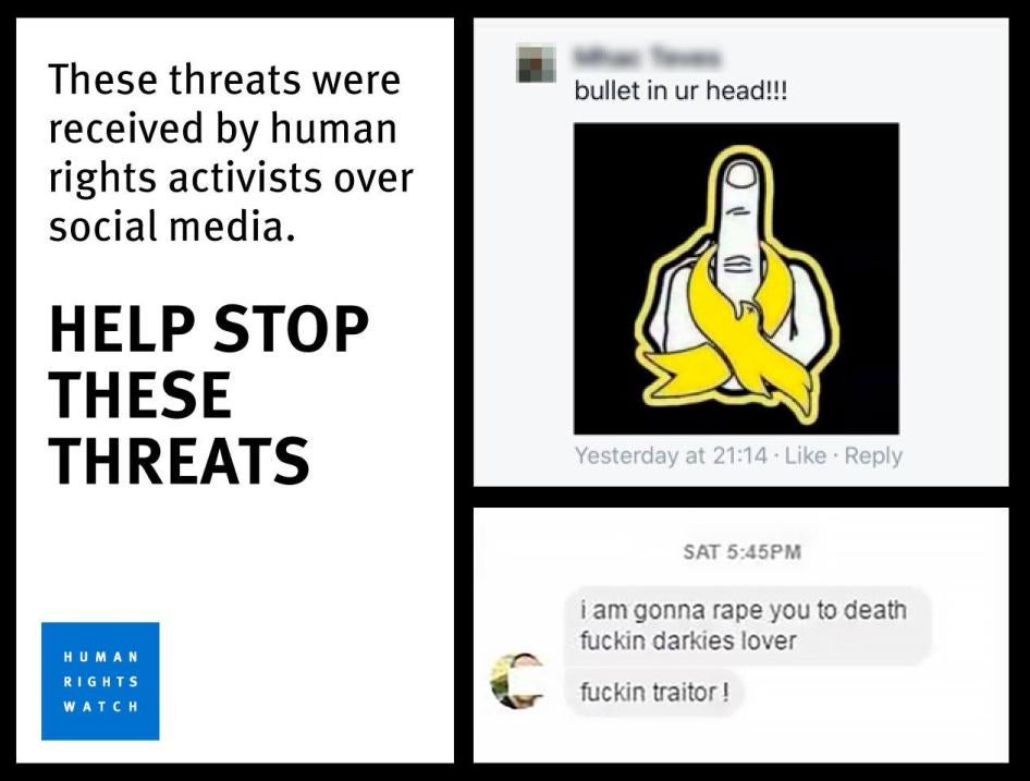 Screengrabs of social media threats sent to activists 