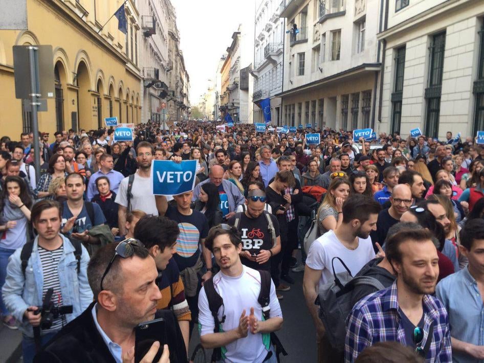 People in Budapest protest a draft law targeting Central European University, Hungary, April 4, 2017.