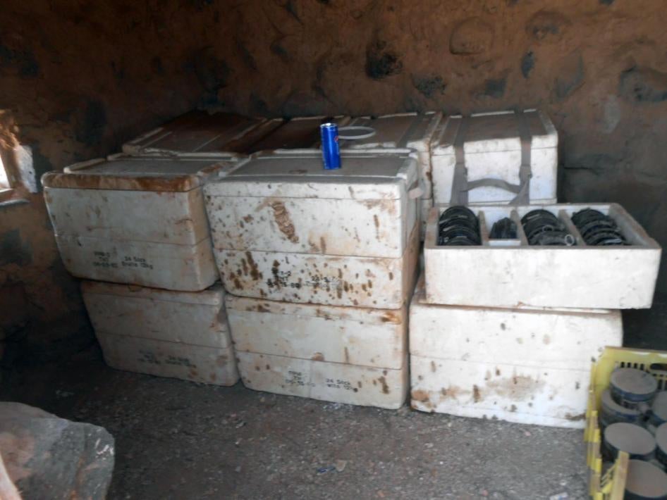 Styrofoam crates containing antipersonnel mines that YEMAC deminers found stored in warehouses on Mayoon Island, off the coast of Bab al-Mandab district in Taizz governorate, on September 28, 2016 after Houthi-Saleh forces had withdrawn from the island. 