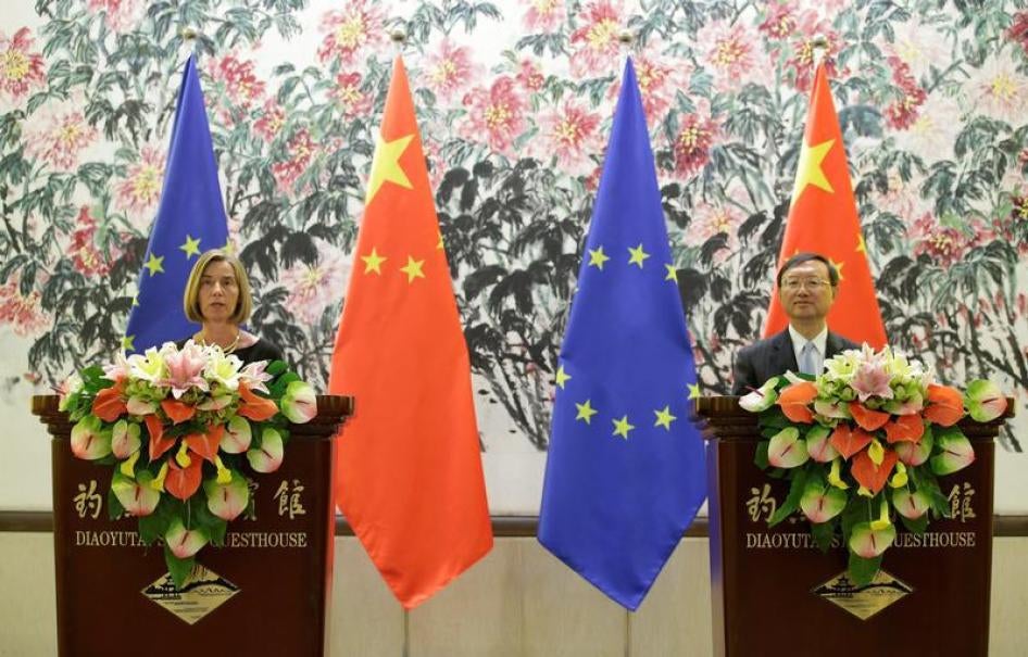 Federica Mogherini (L), High Representative of the European Union for Foreign Affairs, and China's State Councilor Yang Jiechi attend a joint news conference at Diaoyutai State Guesthouse in Beijing, China April 19, 2017.
