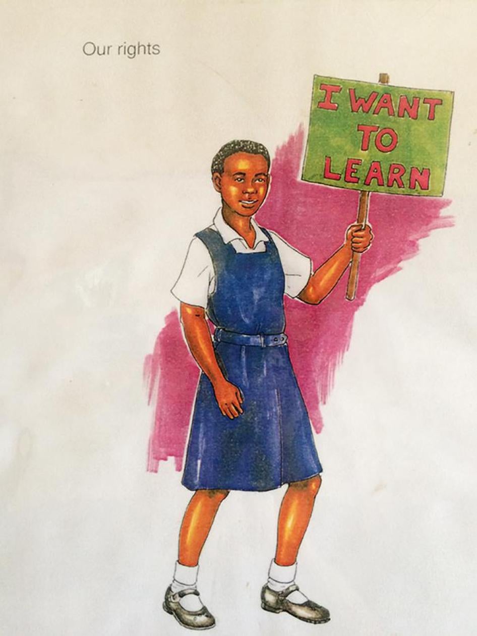 Drawing of a female student holding a placard that says “I want to learn” found in Boitumelo Special School in Kimberley, South Africa.