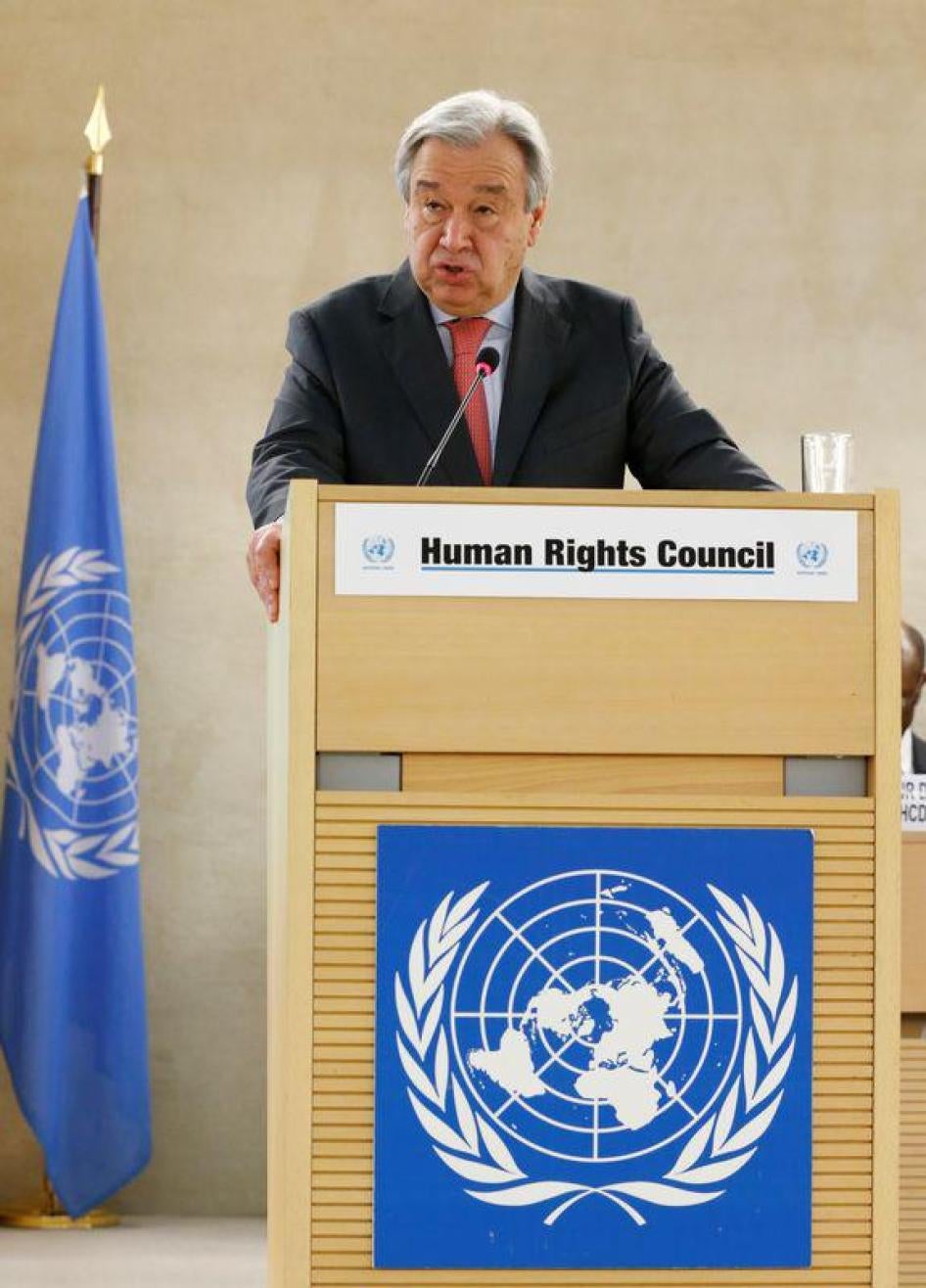 UN Secretary-General Antonio Guterres addresses the 34th session of the Human Rights Council in Geneva, February 27, 2017.