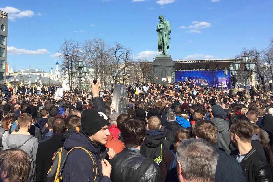 Protesters assembled around Pushkinskaya Square in Moscow on March 26, 2017. 