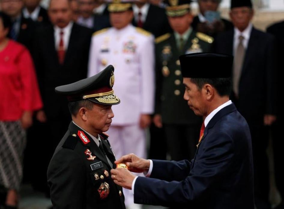 National police chief Gen. Tito Karnavian and President Joko Widodo at Karnavian’s inauguration in Jakarta, Indonesia, on July 13, 2016.