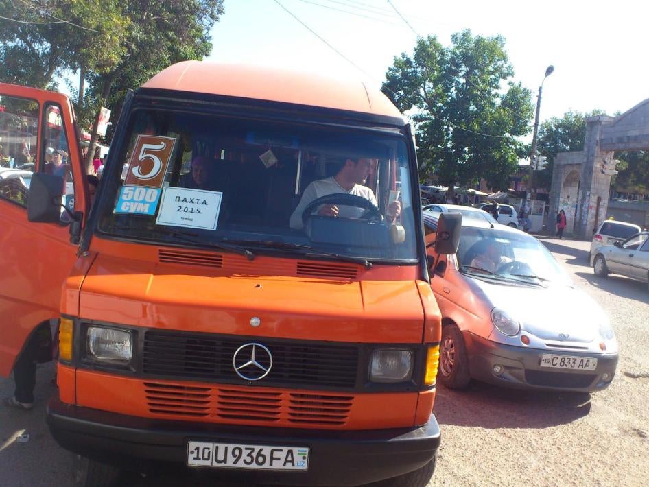 Private car companies taking public sector workers from Angren city, Tashkent region, to the cotton fields  during the 2015 harvest. 