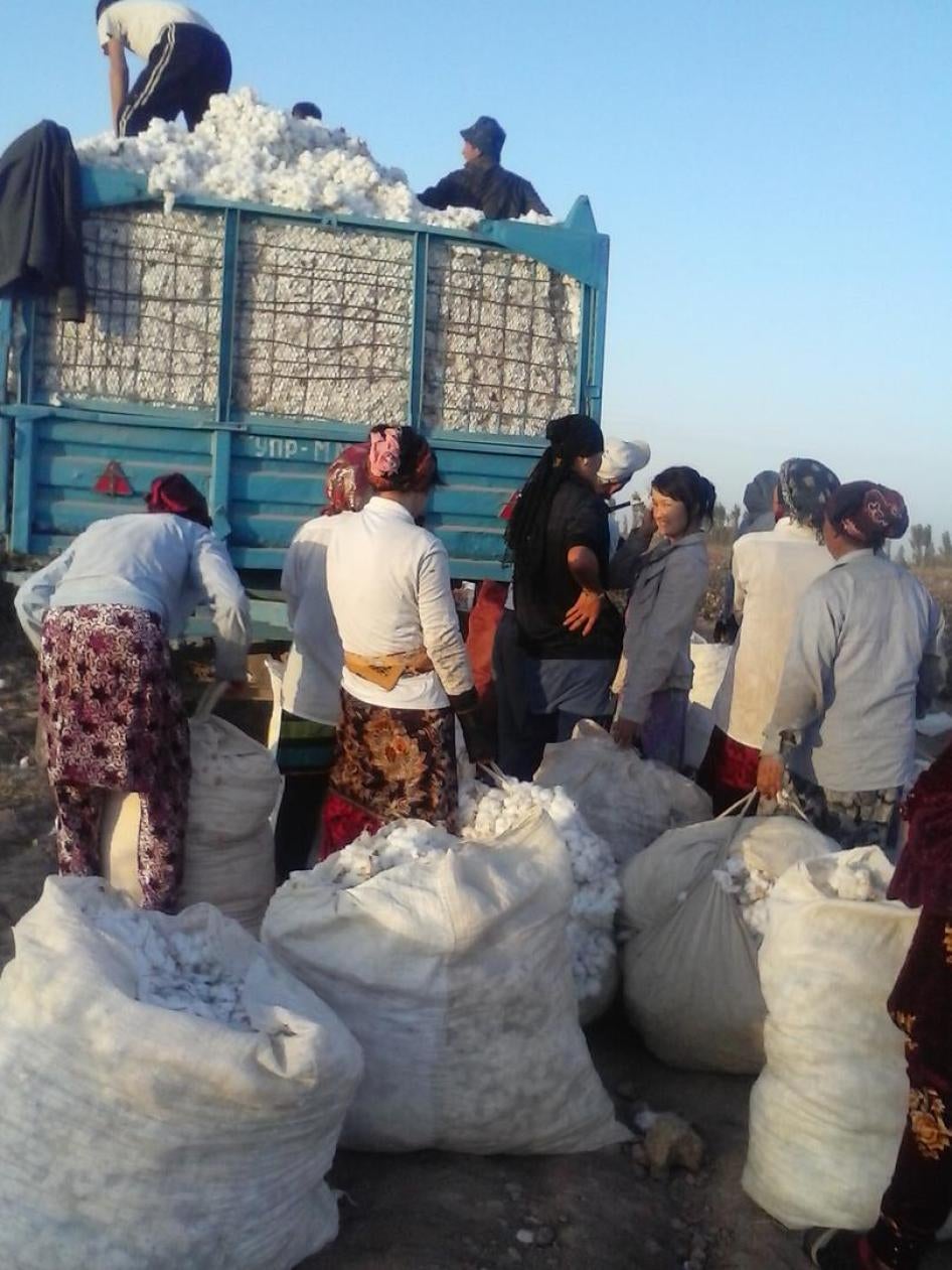 Women carrying bags of cotton to be weighed and loaded onto a truck in Jizzakh region during the 2016 cotton harvest. The government typically requires people to meet a daily quota of cotton picked, from which the costs of food and transport are deducted.