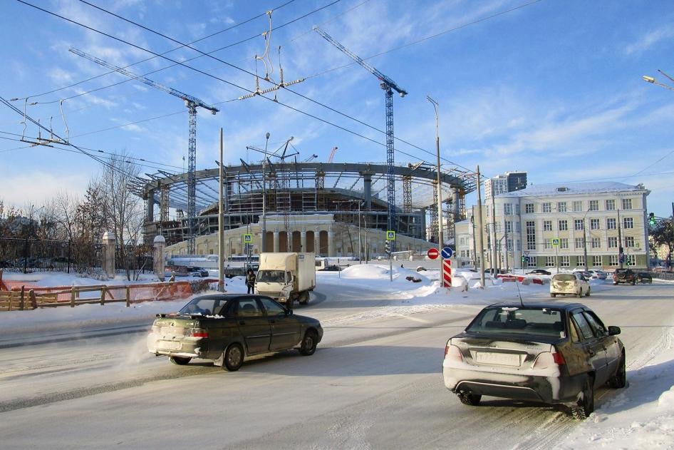 Строительство стадиона «Екатеринбург Арена» в январе 2017 г., места проведения ЧМ-2018 в г. Екатеринбург, Россия.
