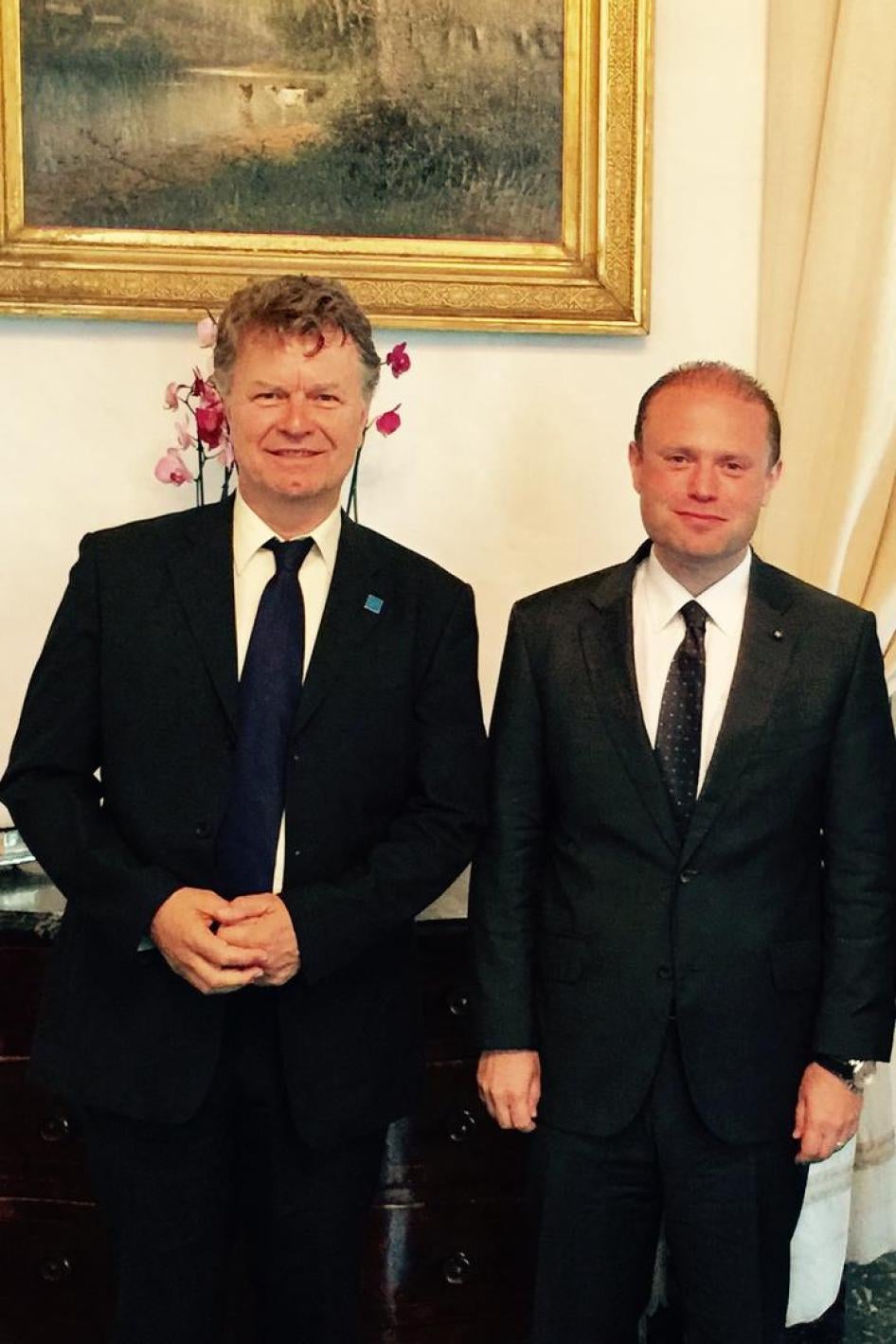 Boris Dittrich, Human Rights Watch LGBT Rights Program advocacy director, with Joseph Muscat, Prime Minister of Malta, in Malta in June 2017. 