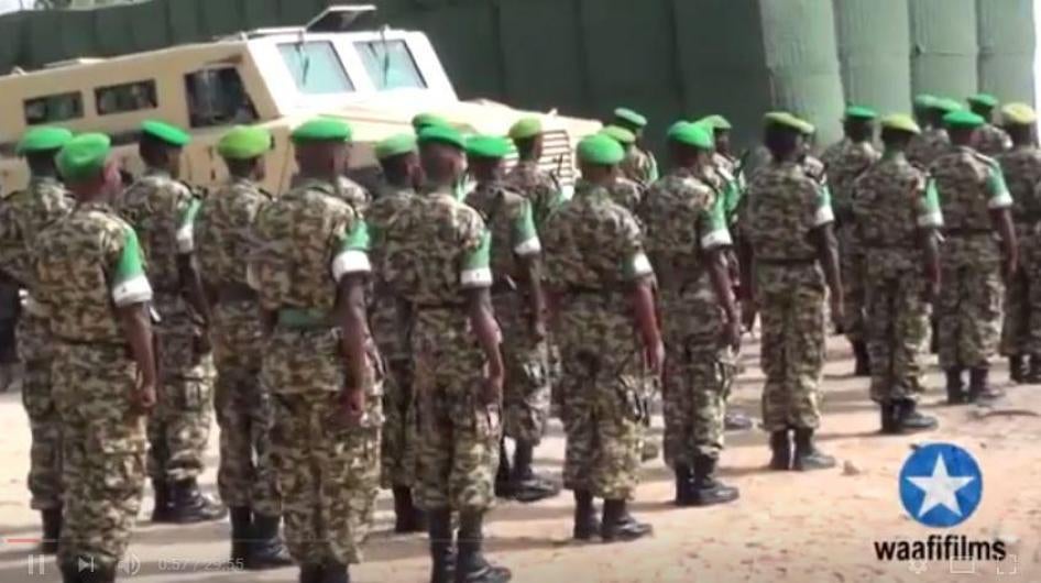 Screenshot from a video showing the ceremony as Burundian soldiers from AMISOM leave their military base on the Somalia National University campus in Dharkenley district, west of Mogadishu.