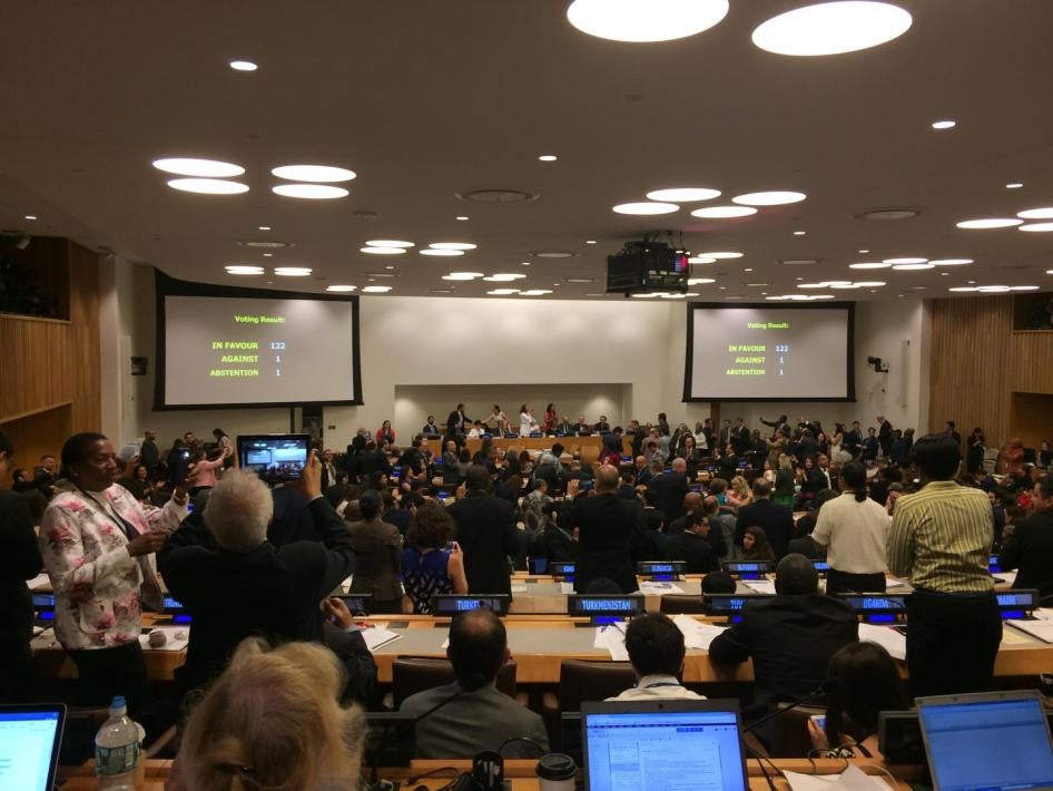 Countries voted to adopt the Treaty on the Prohibition of Nuclear Weapons at the United Nations in New York on July 7.