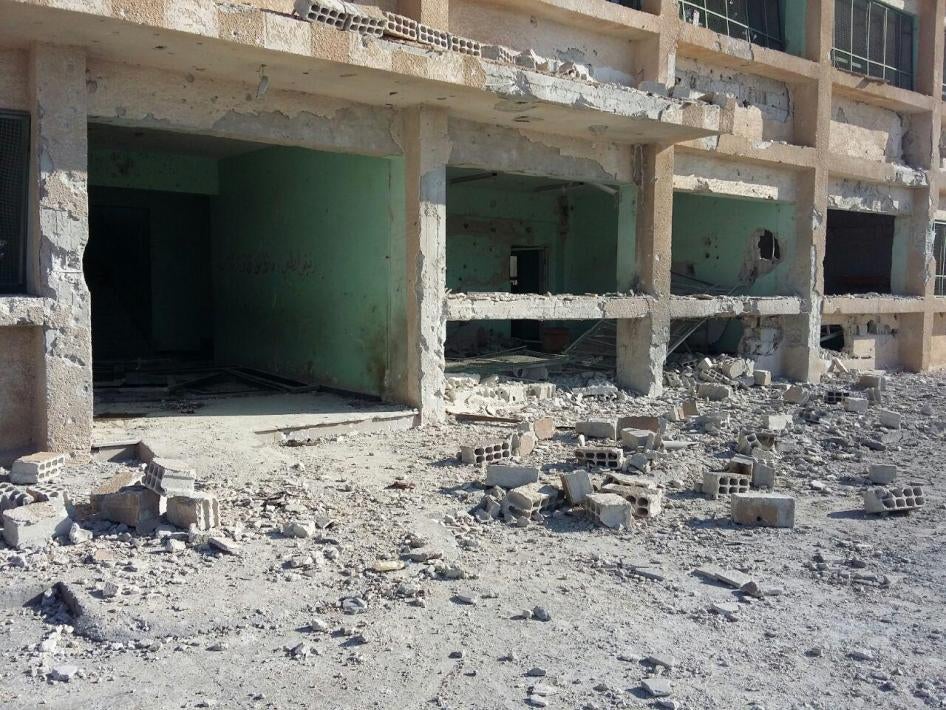 Damage to the Martyr Kiwan middle school from a Syrian-Russian airstrike on June 14, 2017 that killed eight civilians, including a child. 