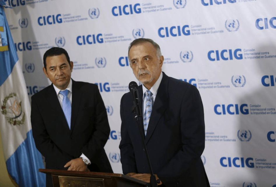 Guatemala's then President-elect Jimmy Morales, (L), attends a news conference next to the Commissioner of the International Commission Against Impunity in Guatemala, (CICIG), Ivan Velasquez after a meeting in Guatemala City, October 28, 2015. 
