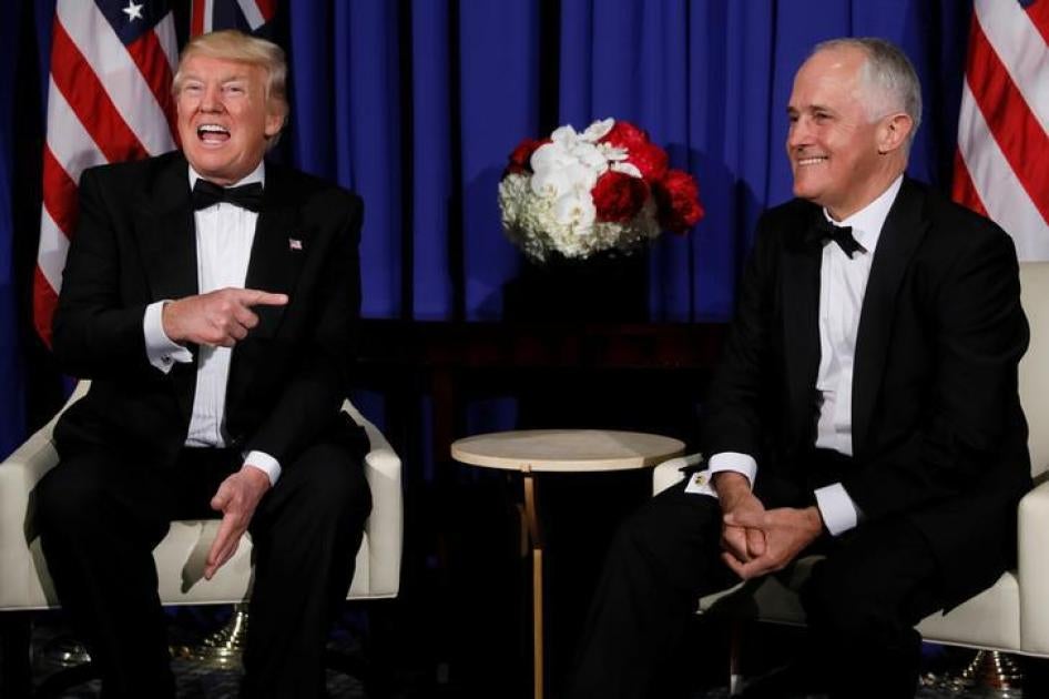U.S. President Donald Trump (L) and Australia's Prime Minister Malcolm Turnbull (R) meet ahead of an event commemorating the 75th anniversary of the Battle of the Coral Sea, aboard the USS Intrepid Sea, Air and Space Museum in New York, U.S. May 4, 2017. 