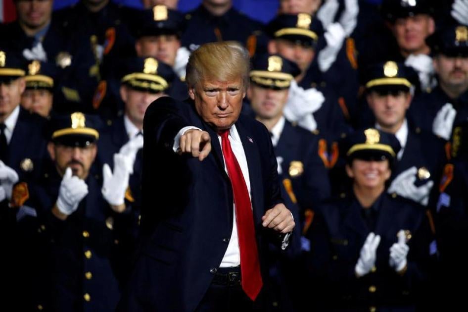 U.S. President Donald Trump delivers remarks about his proposed U.S. government effort against the street gang Mara Salvatrucha, or MS-13, to a gathering of federal, state and local law enforcement officials in Brentwood, New York, U.S. July 28, 2017.