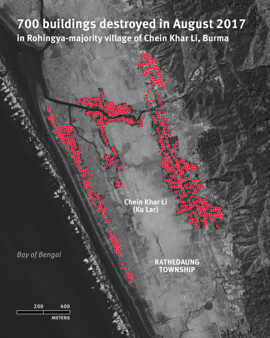 依据2017年8月的地图定位，罗兴亚人聚居村落清卡里（Chein Khar Li）约有七百幢建筑被毁，缅甸。