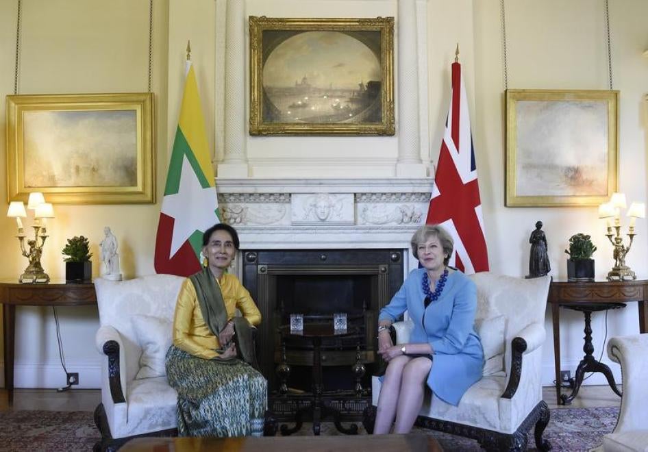 Britain's Prime Minister, Theresa May greets the Burmese leader and State Counsellor, Daw Aung San Suu Kyi in N10 Downing street in London, Britain 13 September 2016.