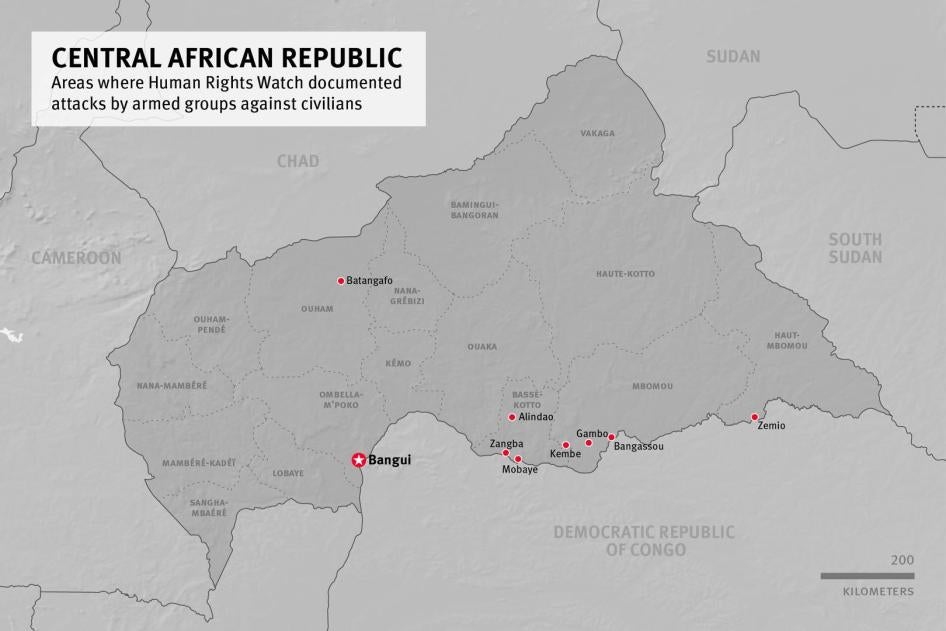 Central African Republic: Areas where Human Rights Watch documented attacks by armed groups against civilians, May-October 2017.