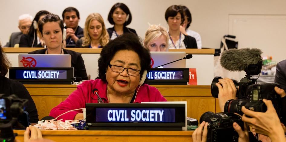 Setsuko Thurlow, survivor of the nuclear bombing of Hiroshima, speaks at the closing of the negotiations of the Treaty on the Prohibition of Nuclear Weapons, July 7 2017.