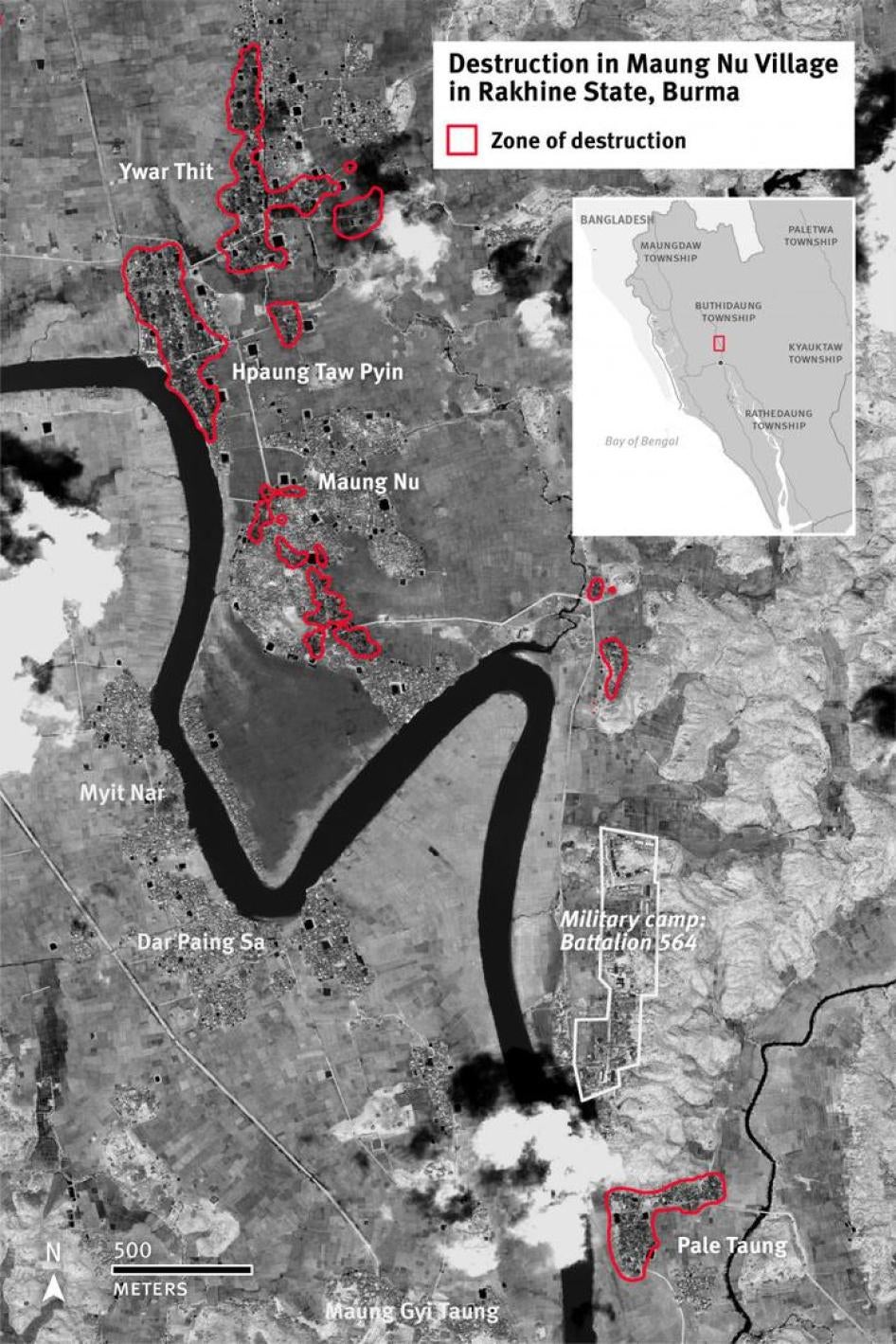 卫星影像显示若开邦貌努村自2017年8月迄今被毁损情况。