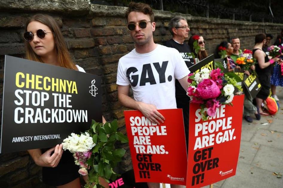 Campaigners protest for LGBT rights in Chechnya outside the Russian embassy in London, Britain, June 2, 2017.