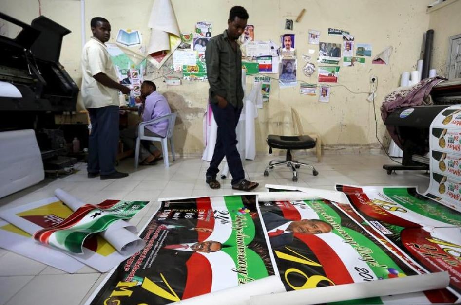 People work in a printing studio as they prepare materials to mark the break-away of Somaliland from Somalia in Hargeysa, May 16, 2015. 