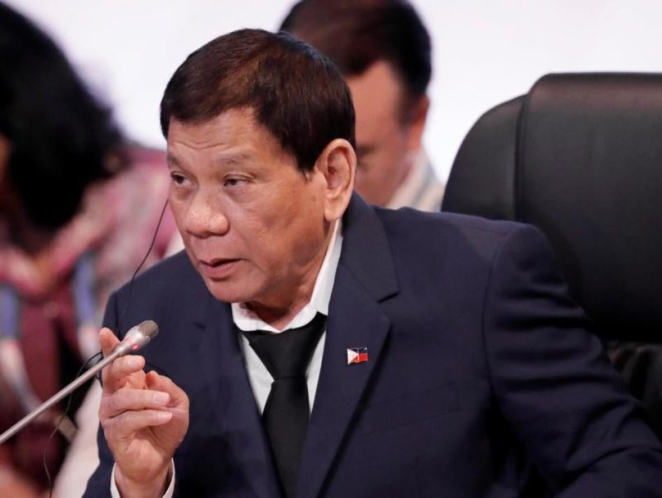 Philippines' President Rodrigo Duterte gestures during the opening session of the ASEAN and European Union summit at the Philippine International Convention Center (PICC) in Pasay, metro Manila, Philippines on November 14, 2017.