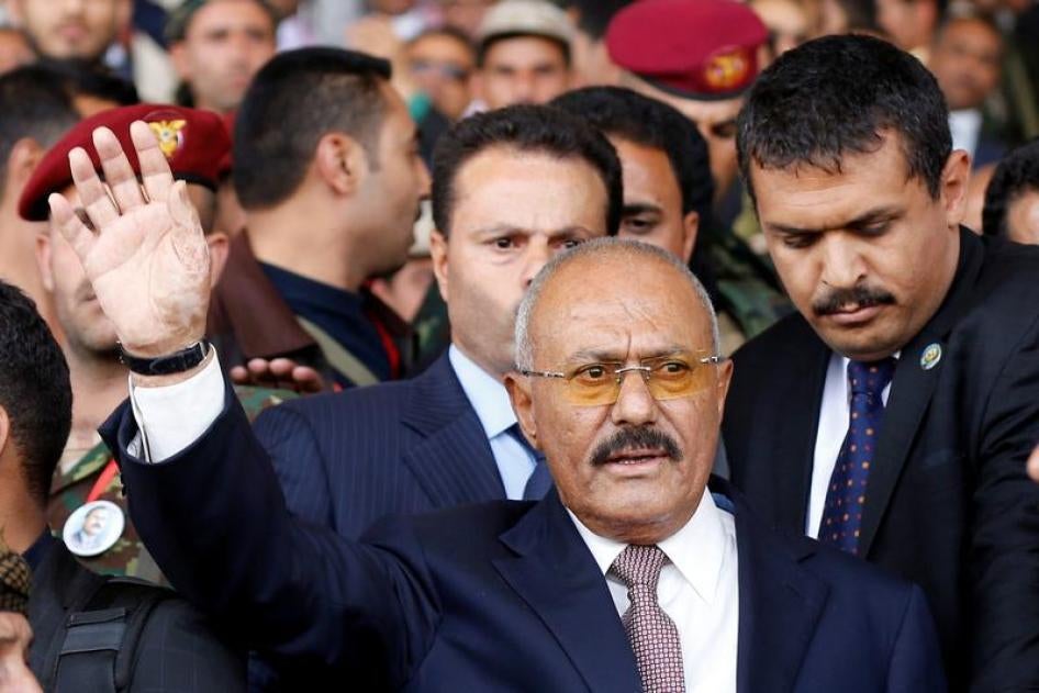 Yemen's former President Ali Abdullah Saleh gestures to supporters as he arrives to a rally held to mark the 35th anniversary of the establishment of his General People's Congress party in Sanaa, Yemen August 24, 2017.
