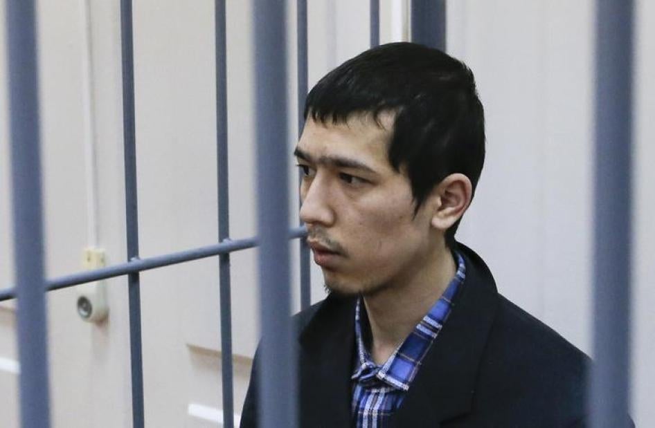 Abror Azimov, one of two brothers accused in connection with  the April 3, 2017 suicide bombing on a subway train in St. Petersburg, at a court hearing 15 days later in Moscow. 