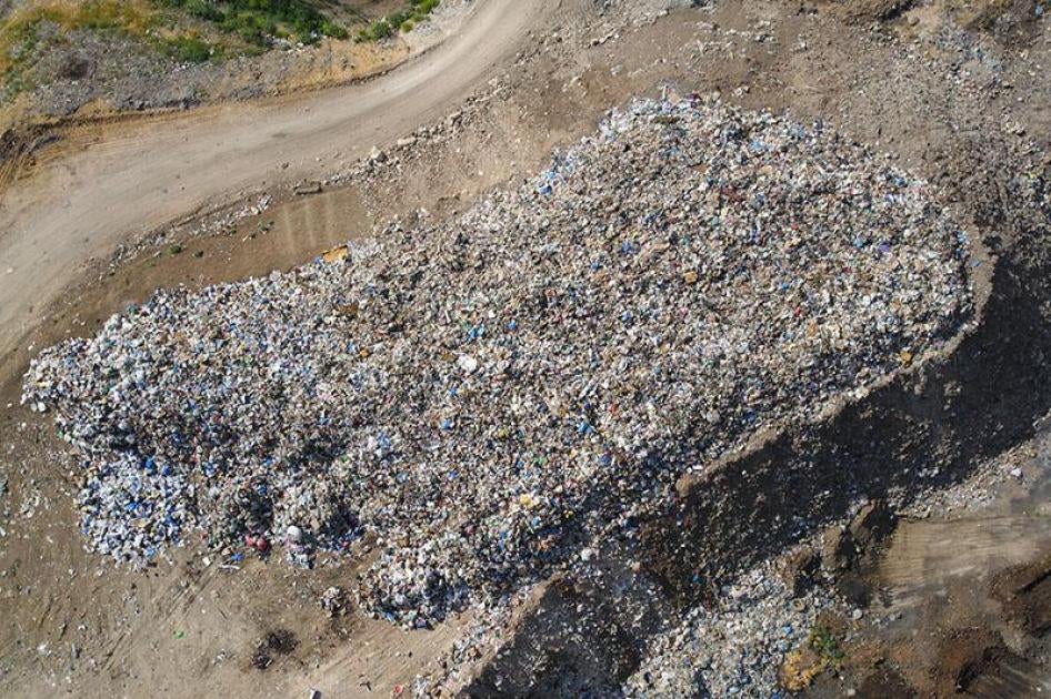 A drone-acquired image of a garbage dump in Bar Elias, Lebanon, where open burns are harming the health of nearby residents.