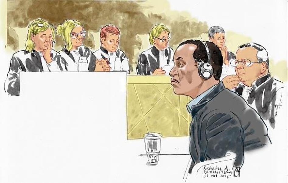 A court sketch shows Dutch citizen and former Ethiopian government official Eshetu Alemu attending his trial for war crimes in The Hague, The Netherlands on October 31, 2017. 