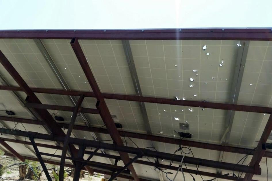 Photo of the back of solar panels after the Februry 22 attack on Qahza Saada governorate. The fragmentation damage is consistent with impact caused by submunitions from cluster munitions. 