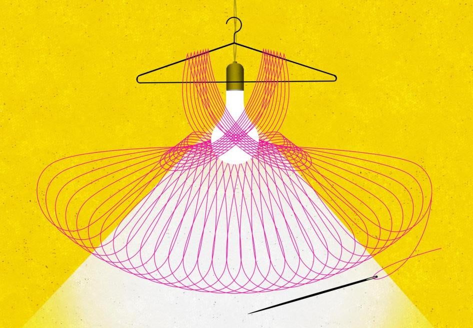 Illustration of  a dress,thread, and needle around a lightbulb. 