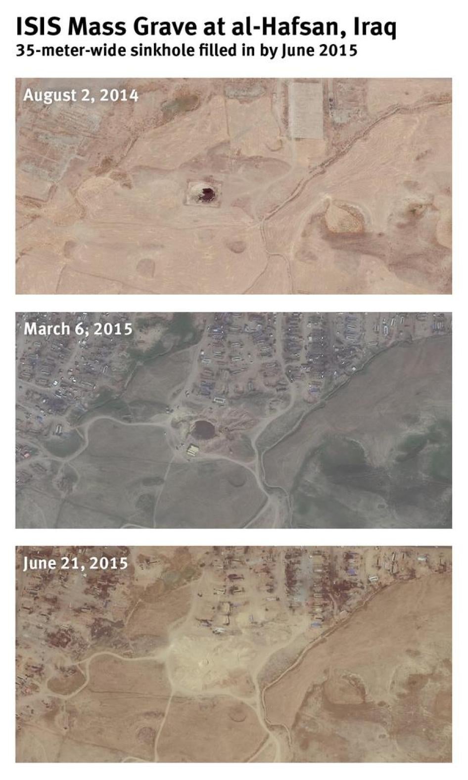 Satellite imagery showing the Khafsa sinkhole being filled in by June 2015.