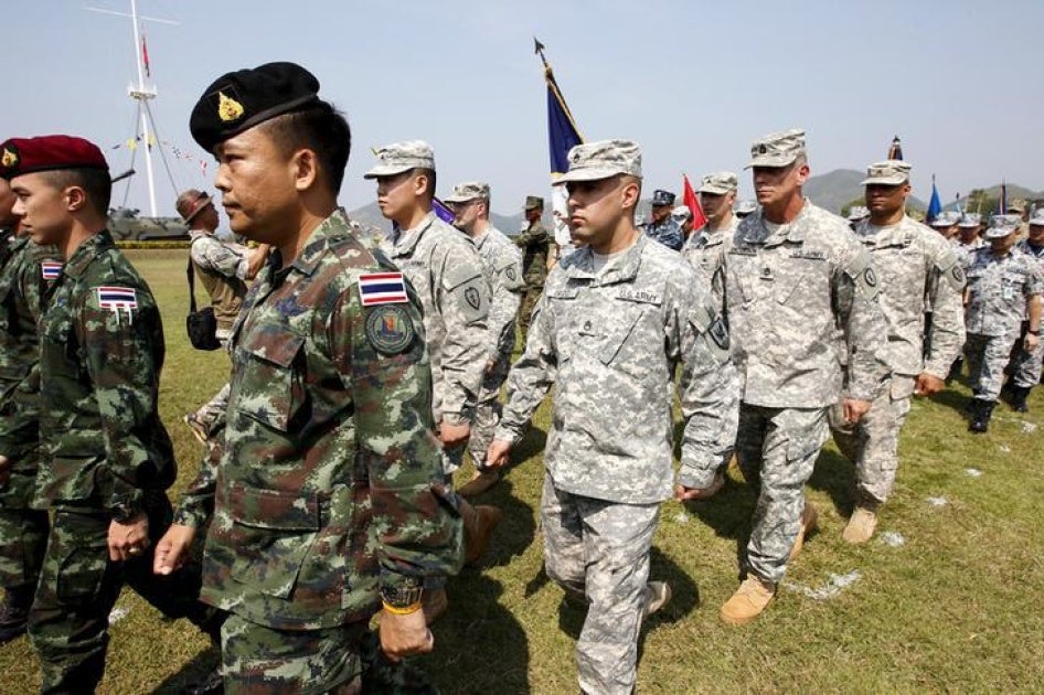 Thai and US soldiers participate in a parade during the Cobra Gold opening ceremony in Chonburi, Thailand on February 9, 2016. 