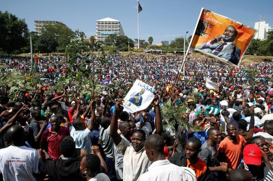 Supporters of Kenyan opposition leader Raila Odinga of the National Super Alliance (NASA) coalition gather ahead of Odinga's planned swearing-in ceremony as the President of the People's Assembly at Uhuru Park in Nairobi, Kenya, January 30, 2018. © 2018 R
